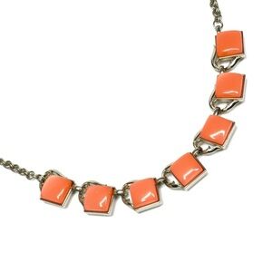 Vintage Mod Orange/Coral Enamel Square Link Necklace Gold Tone Retro Statement